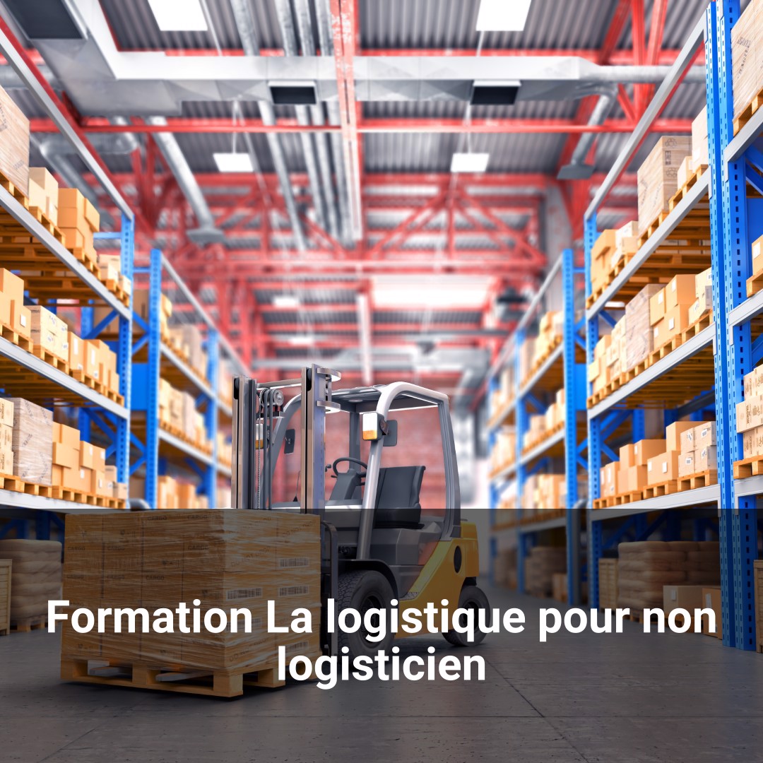 Concept of warehouse. The forklift between rows in the big warehouse. 3d illustration
